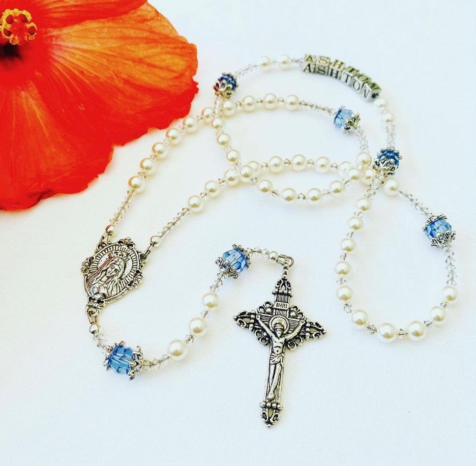 Pearl & Blue Swarovski Crystal Rosary