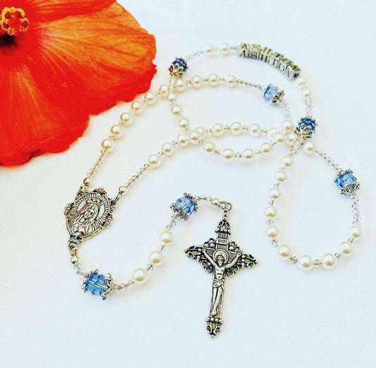 Pearl & Blue Swarovski Crystal Rosary
